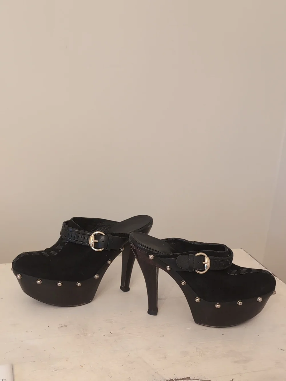 Gucci Black Studded Suede Platform Mule Heels